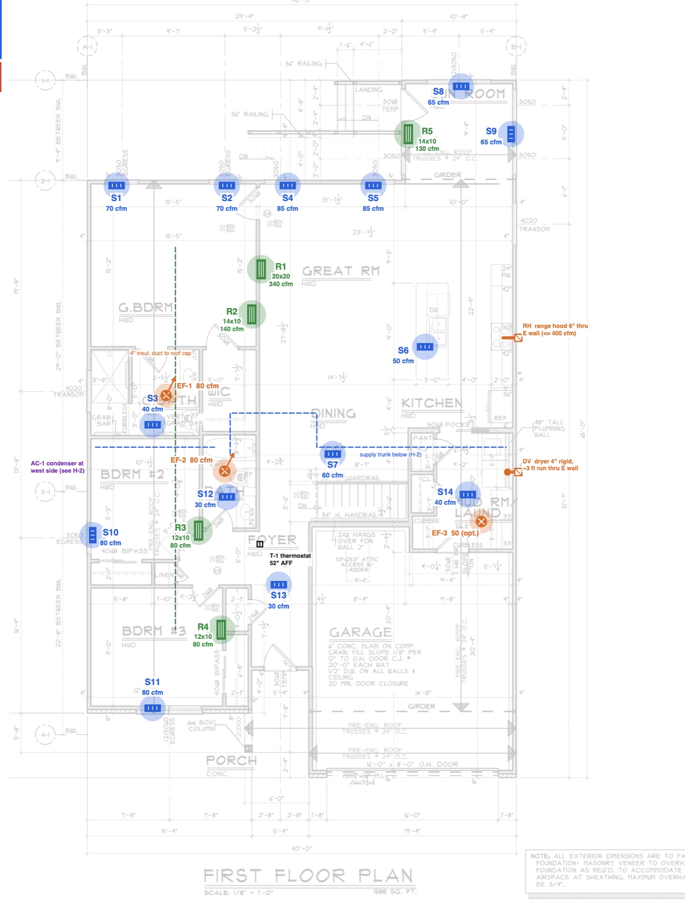 First floor HVAC plan with supply registers, returns and duct routing