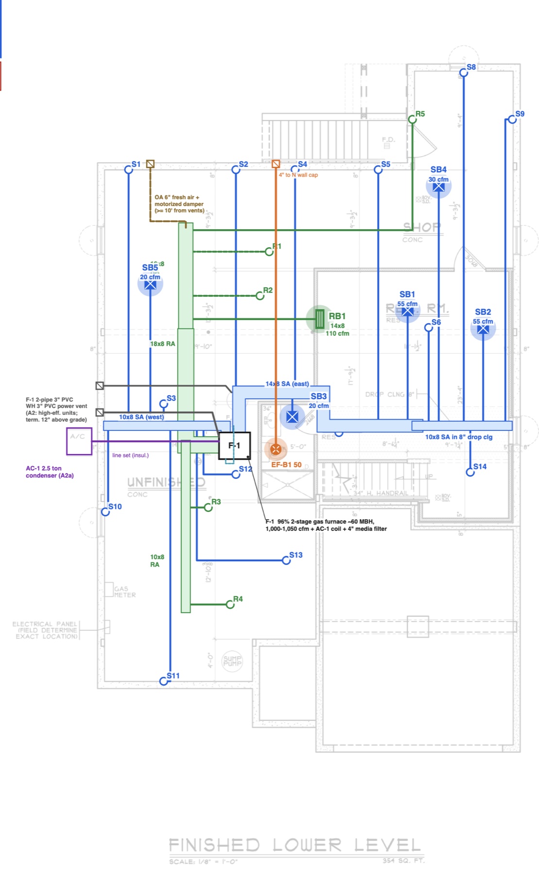 Lower level HVAC plan with the furnace, trunk lines and supply runs