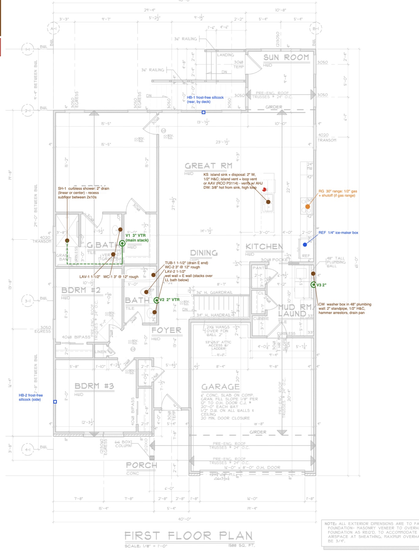 First floor plumbing plan with fixture locations and color-coded supply, drain and vent notes