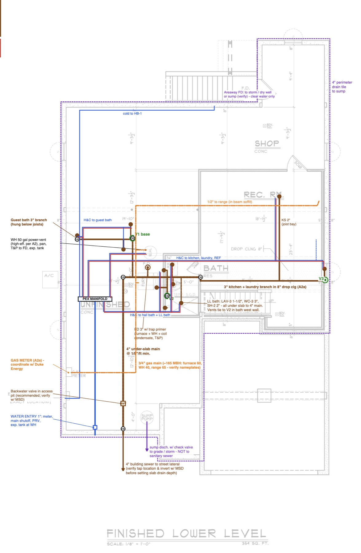 Lower level plumbing plan with color-coded supply, drain and gas lines