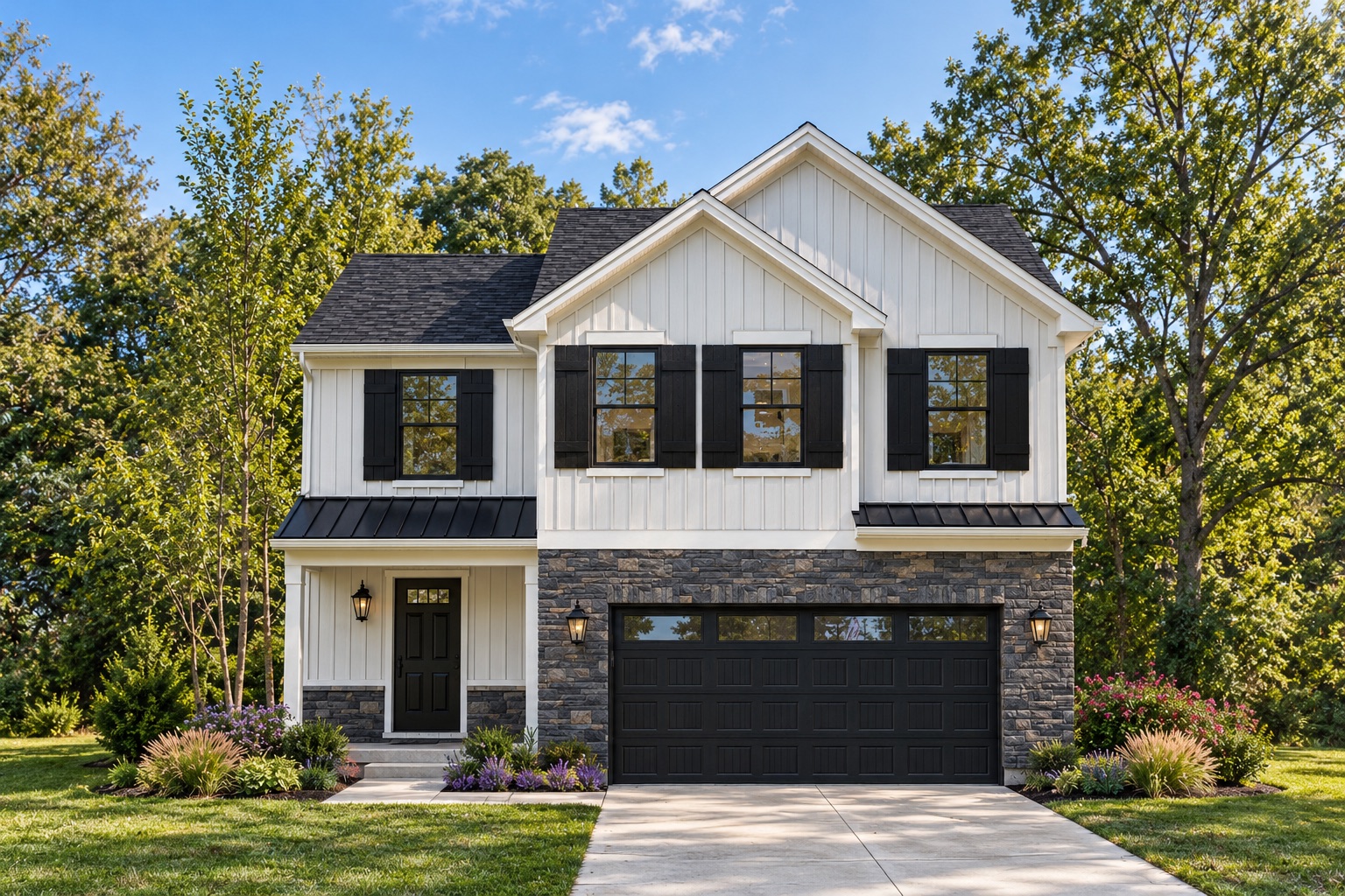 A two-story home with white board-and-batten siding, black shutters, a stone-front garage and fresh landscaping
