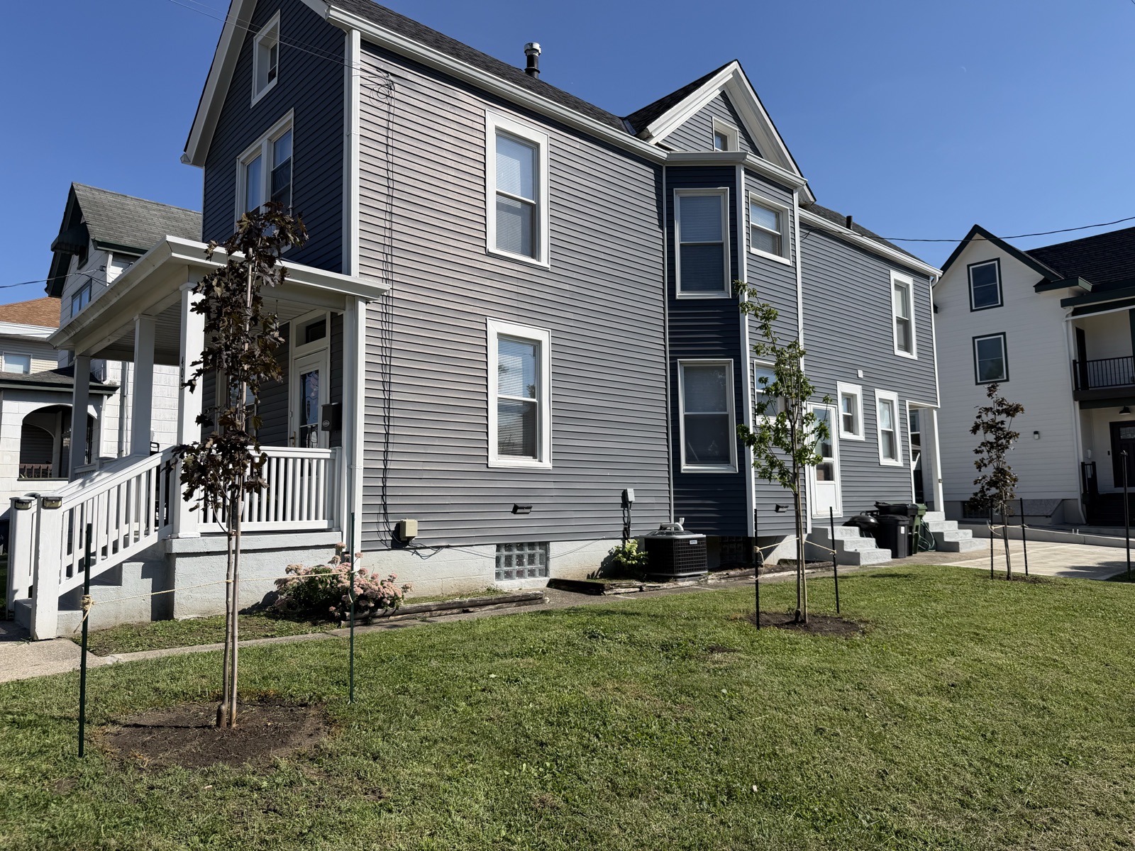 Newly planted young trees, staked in a fresh lawn beside a gray two-story house