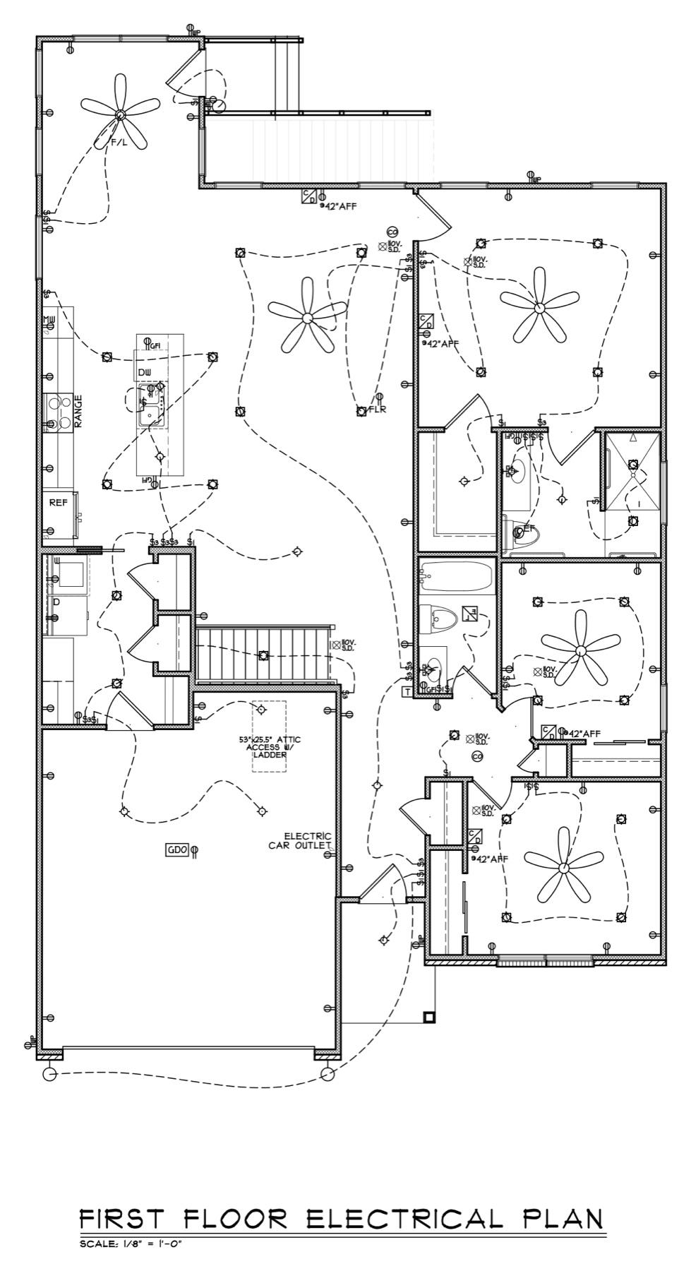 First floor electrical plan with ceiling fans, light fixtures, outlets and switch locations