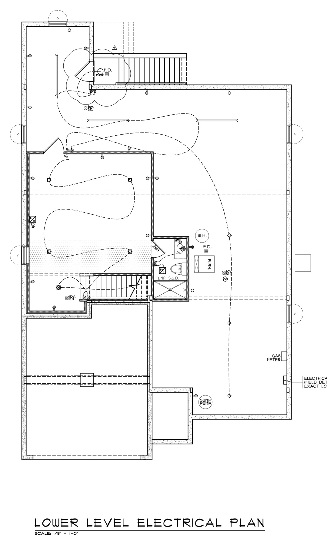 Lower level electrical plan with lighting, outlets and the electrical panel location