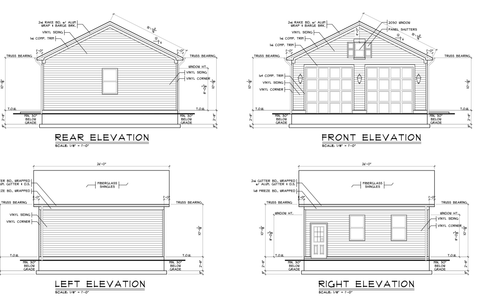 Front, rear and side elevations of a two-car garage