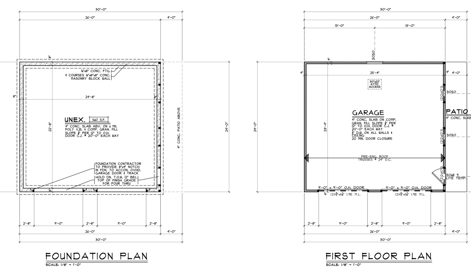Foundation plan and first floor plan of a two-car garage with dimensions