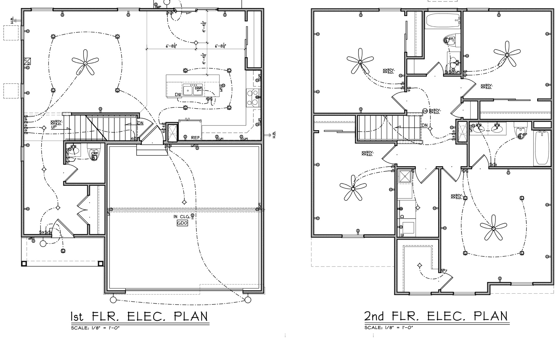 First and second floor plans for a new two-story home, showing the kitchen, garage, stairs, bedrooms and bathrooms
