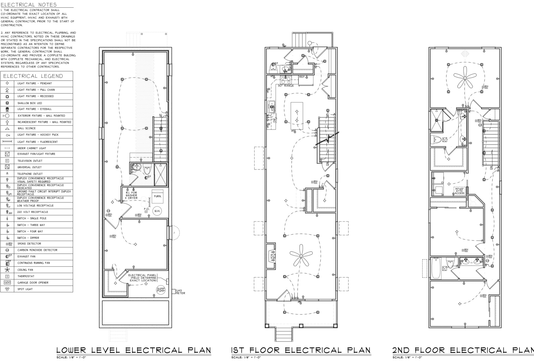 Electrical plans for all three levels with the electrical legend