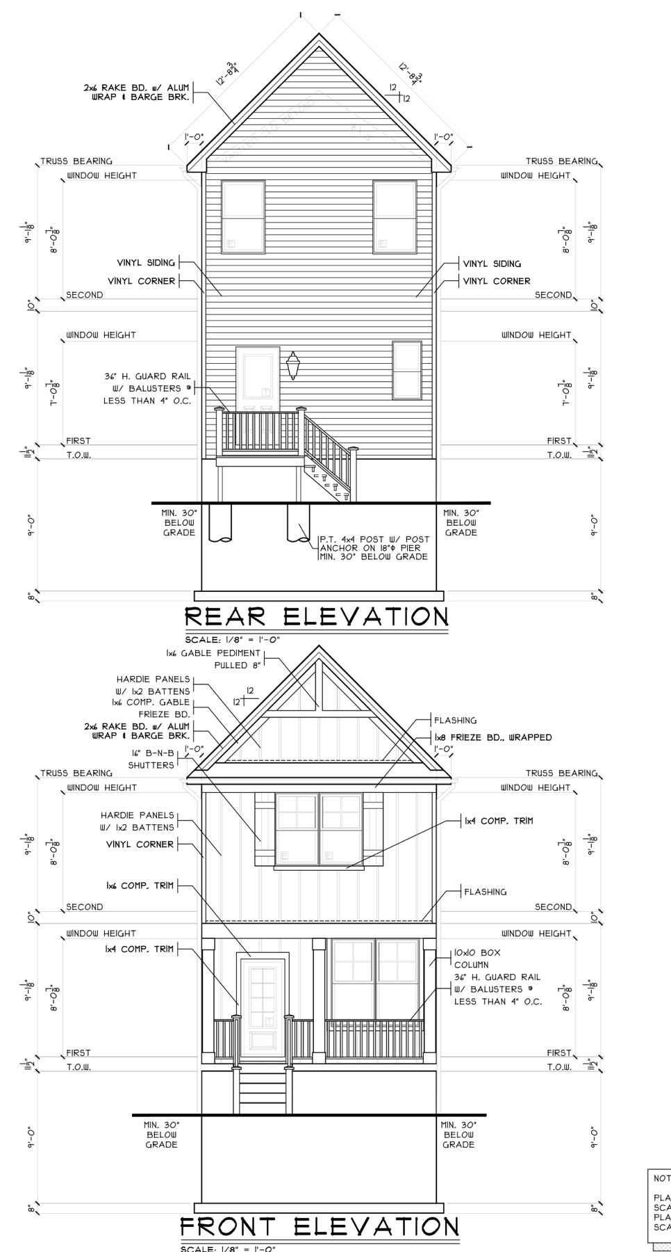 Front and rear elevation drawings of a narrow two-story home with a front porch