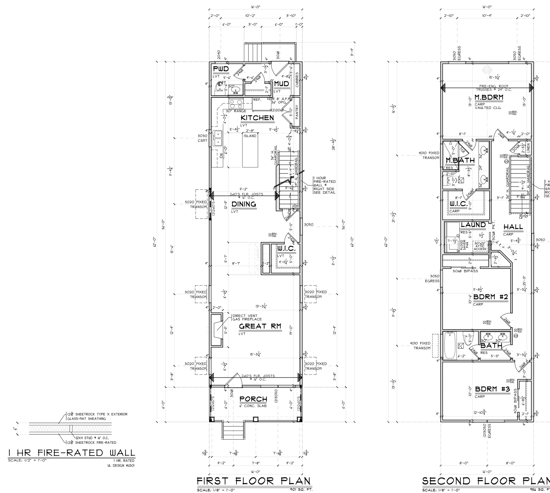 First and second floor plans of a narrow home