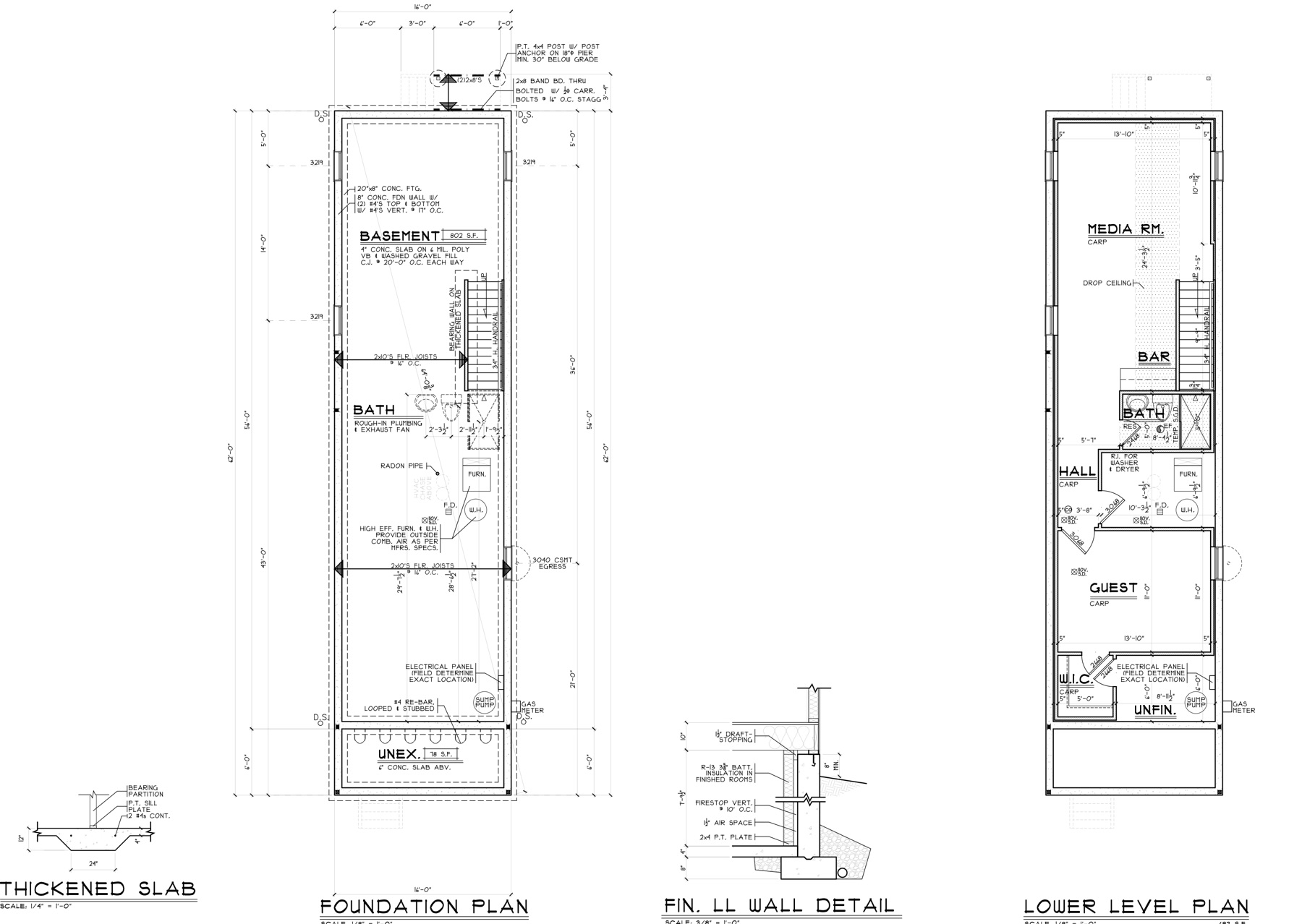 Foundation plan and finished lower level plan with a media room, bath and guest room