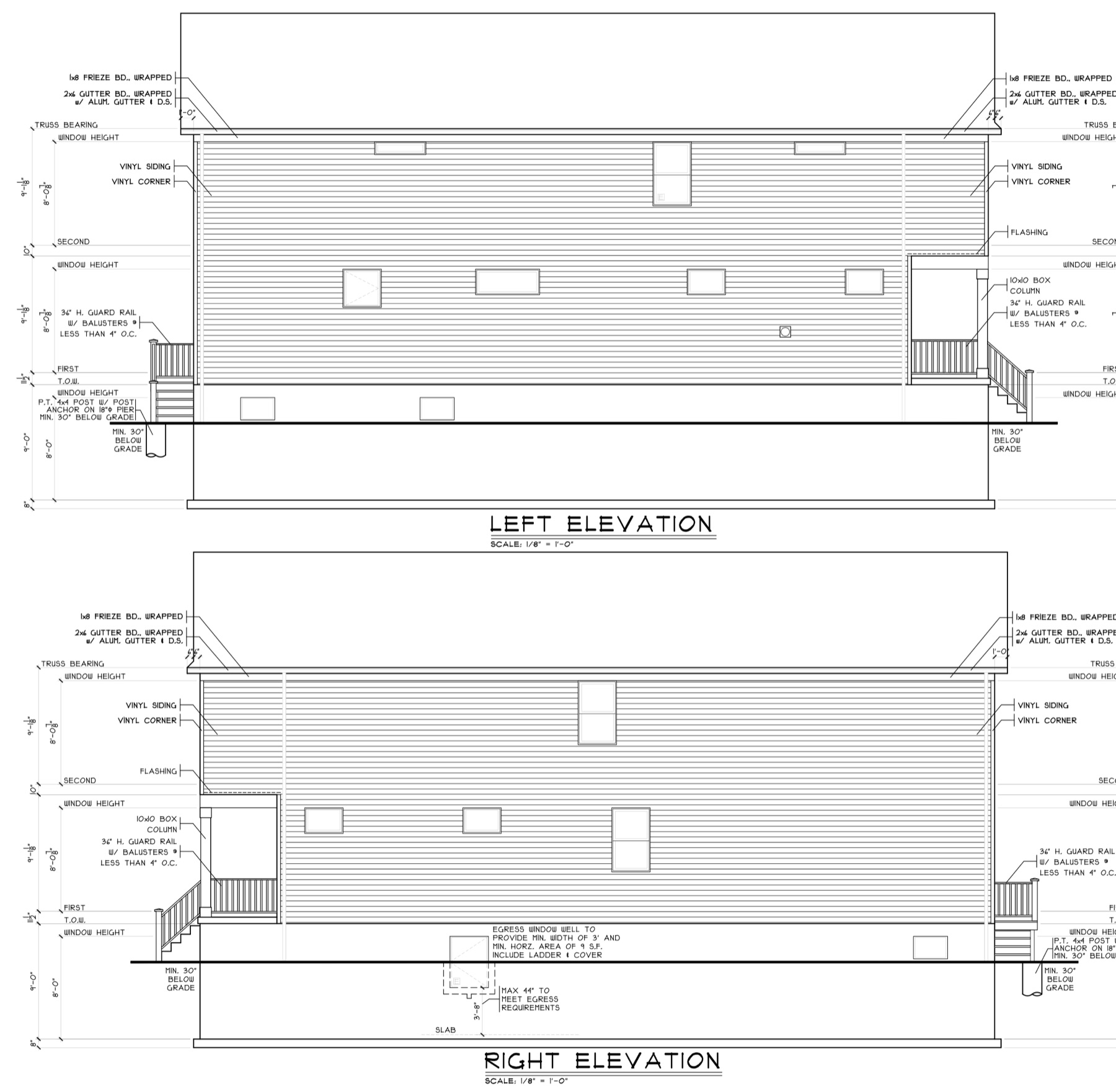 Left and right side elevation drawings of a long, narrow home