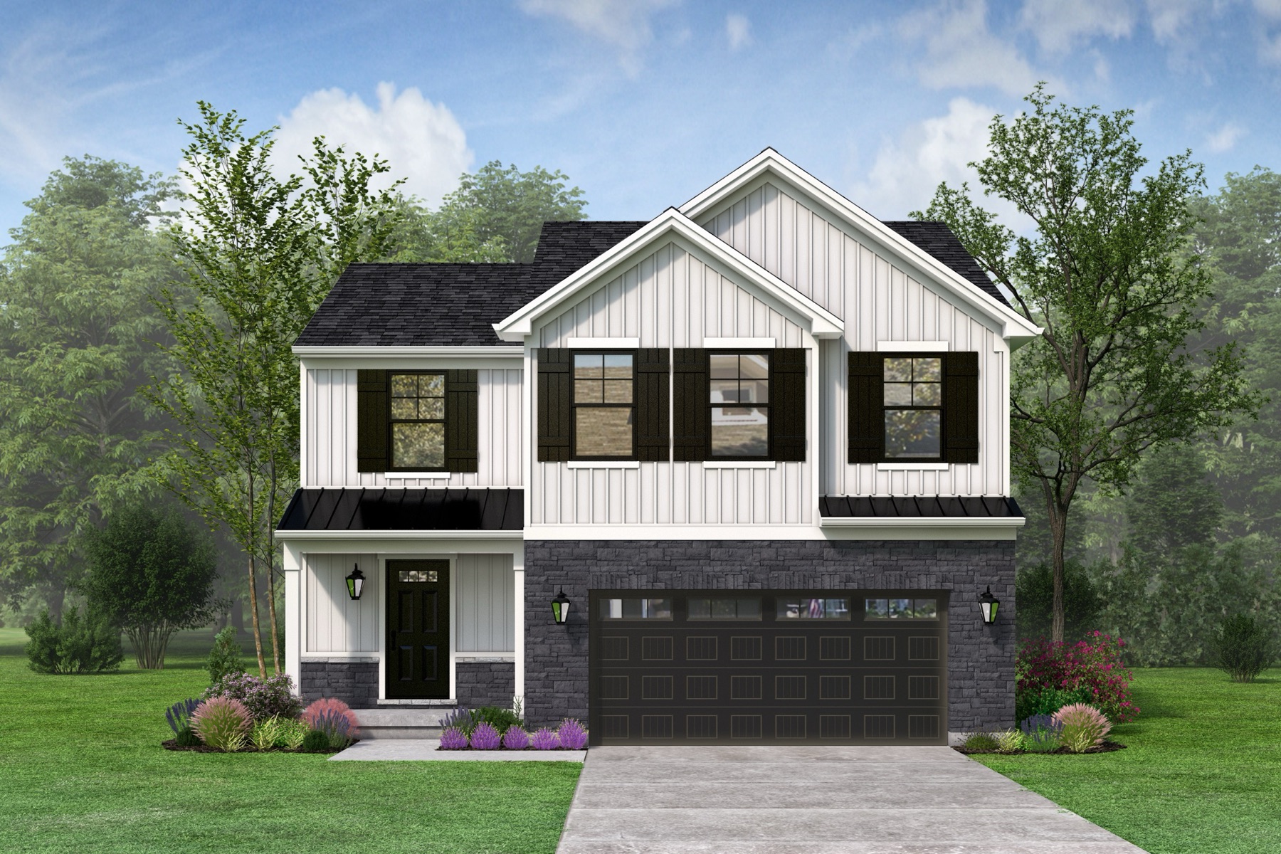 3D rendering of a two-story home with white board-and-batten siding, black shutters, a stone base and a two-car garage