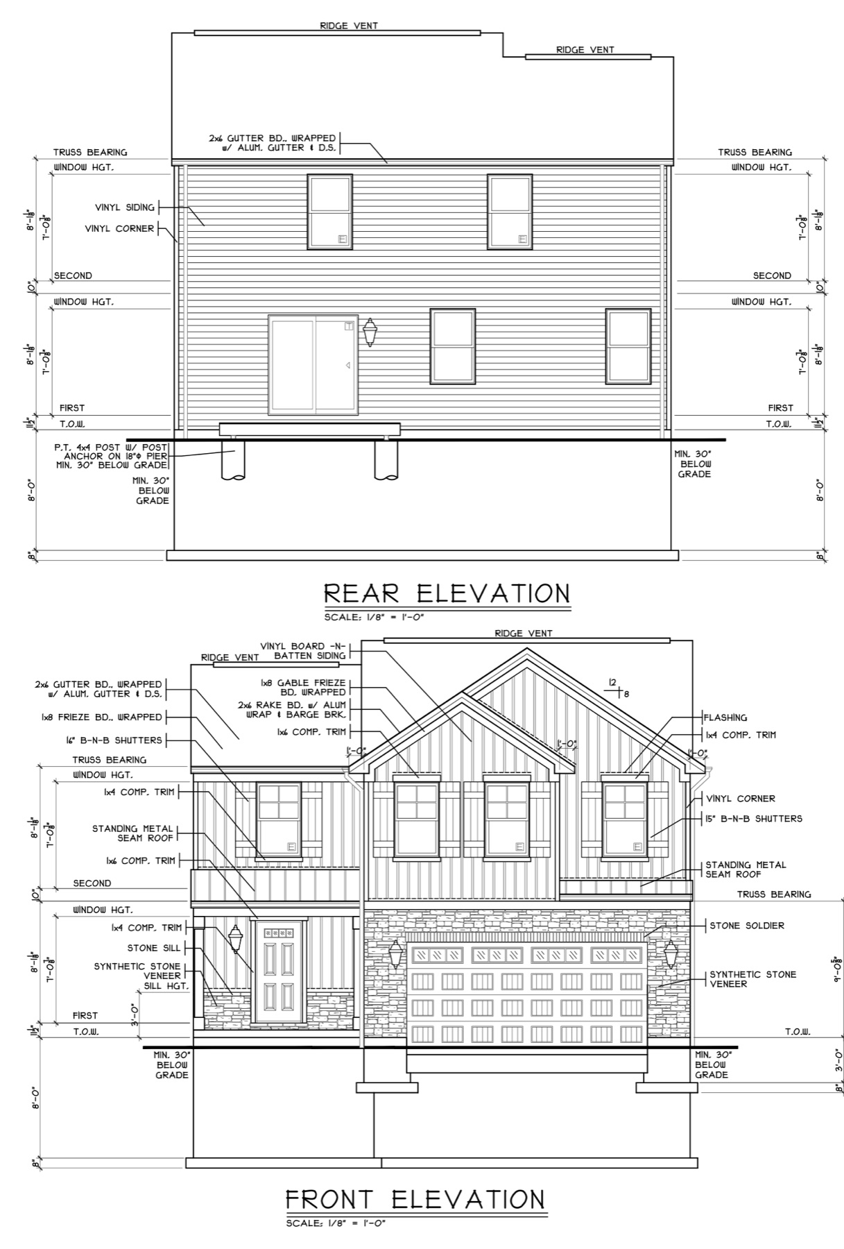 Front and rear elevation drawings of the two-story home