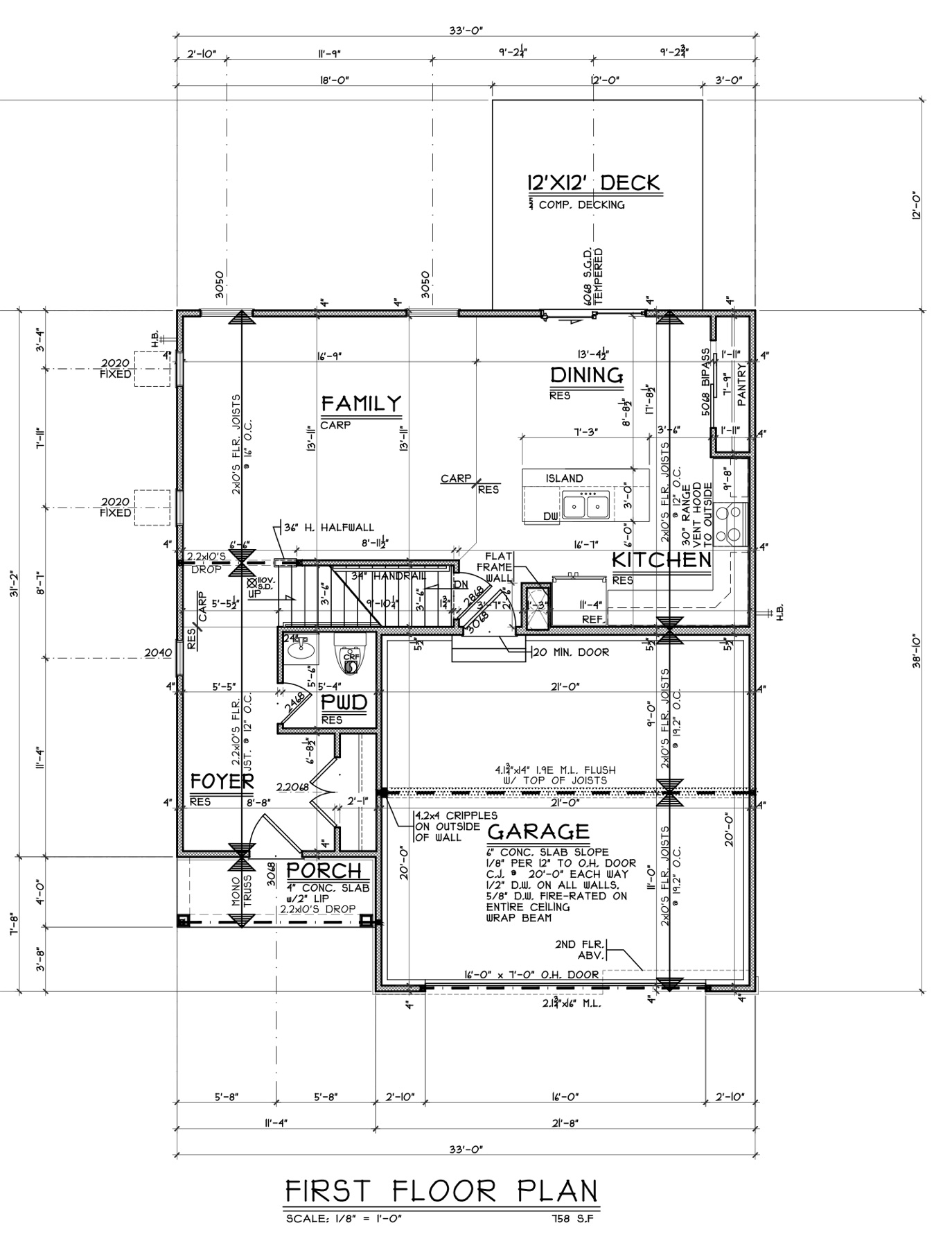 First floor plan with the family room, dining area, kitchen, garage and rear deck