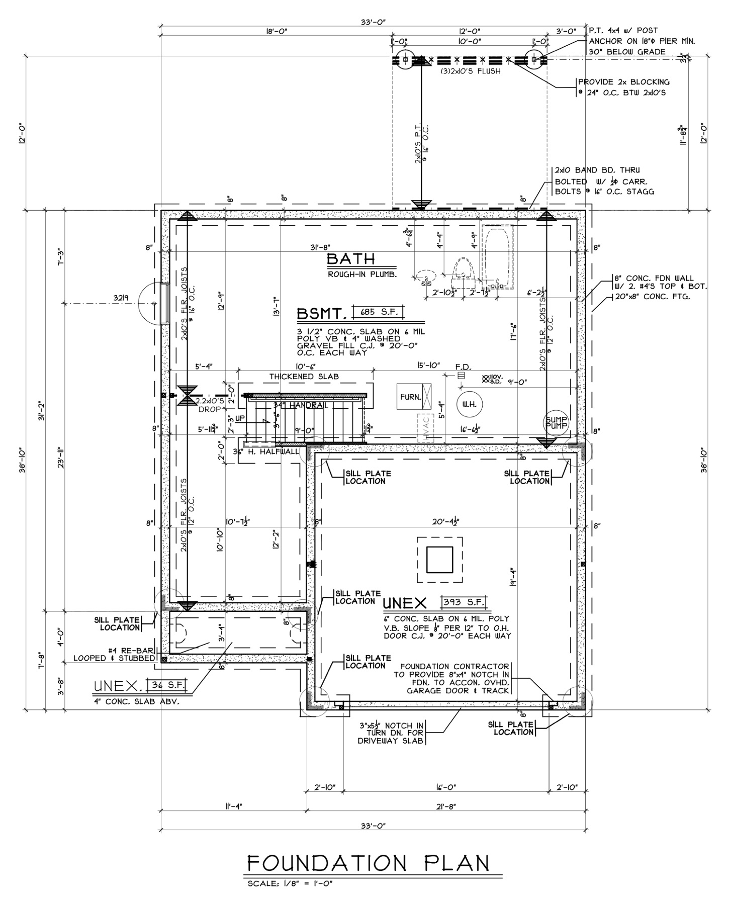 Foundation and basement plan with dimensions
