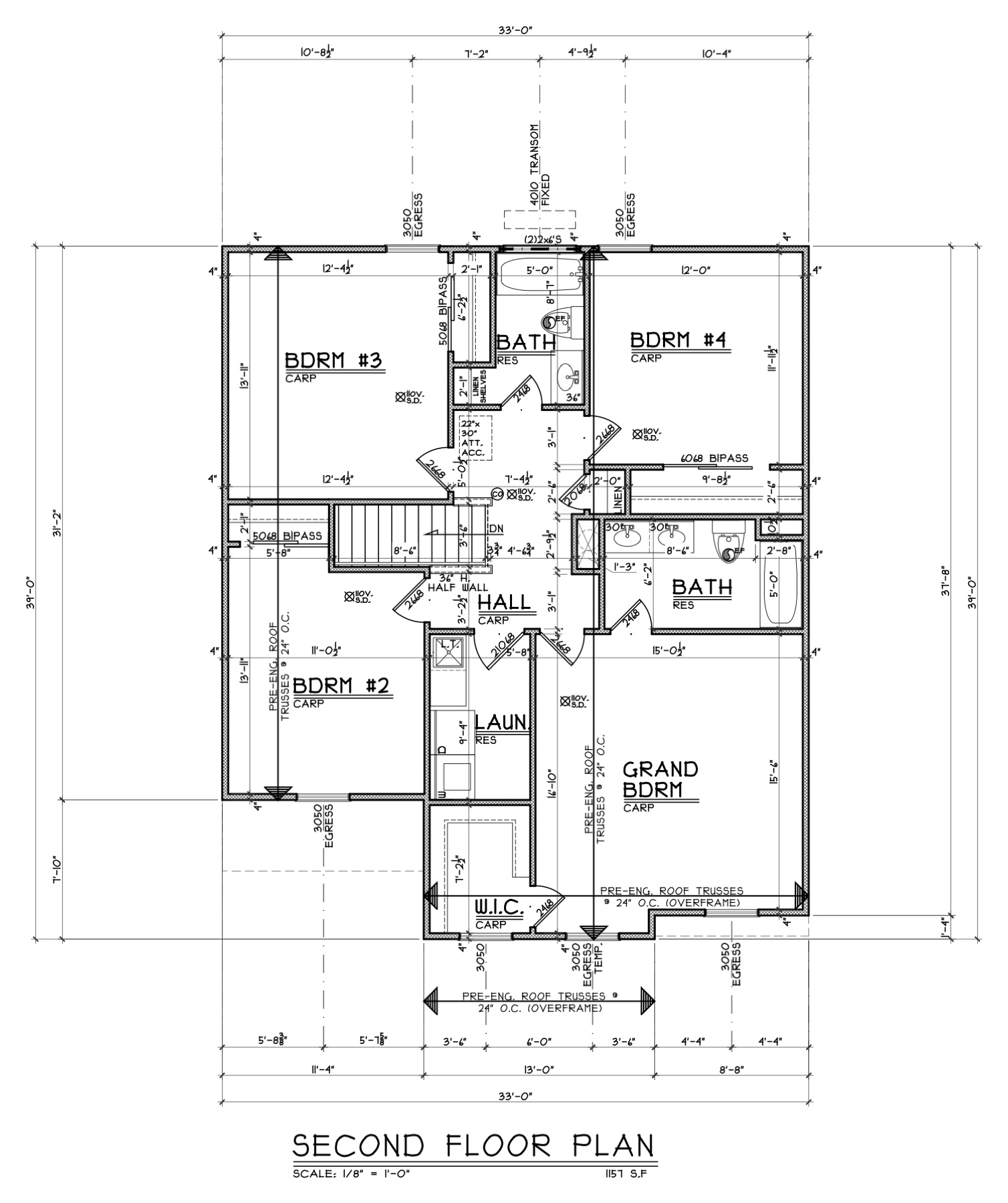 Second floor plan with four bedrooms, two bathrooms and laundry
