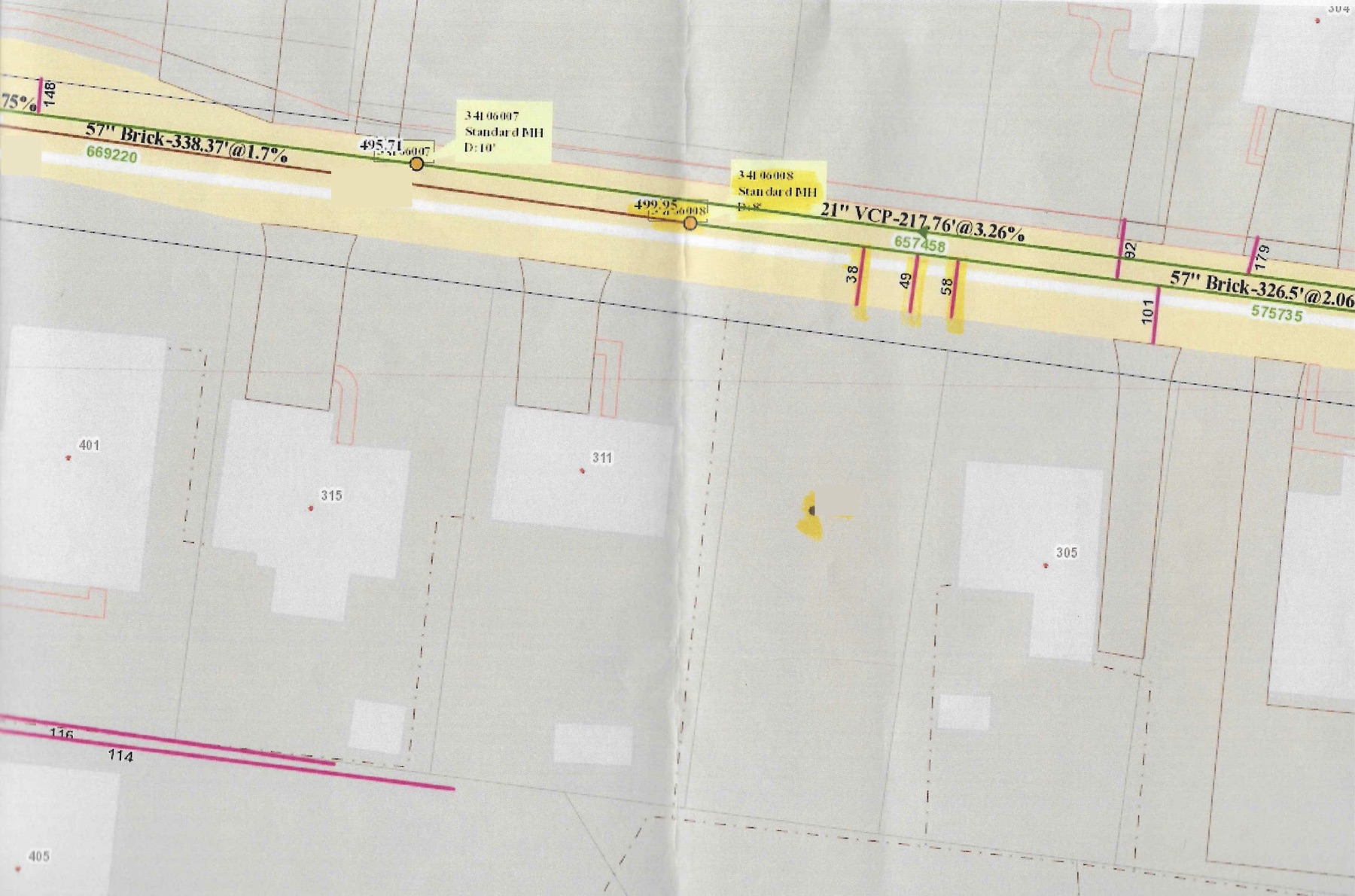 City sewer map showing the main in the street and the sewer tap stubs to each lot