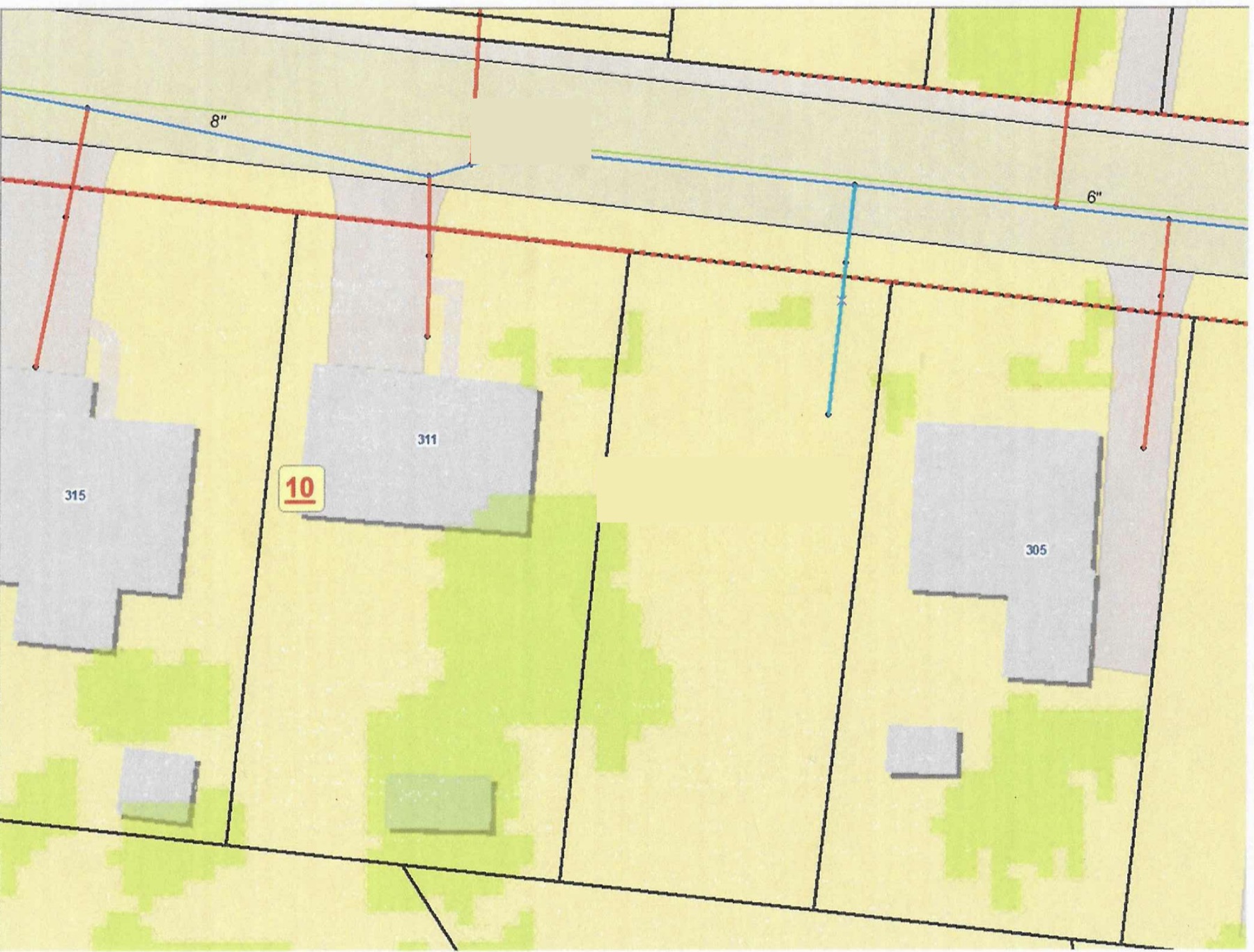 Water utility map showing the water main in the street and service lines to each lot